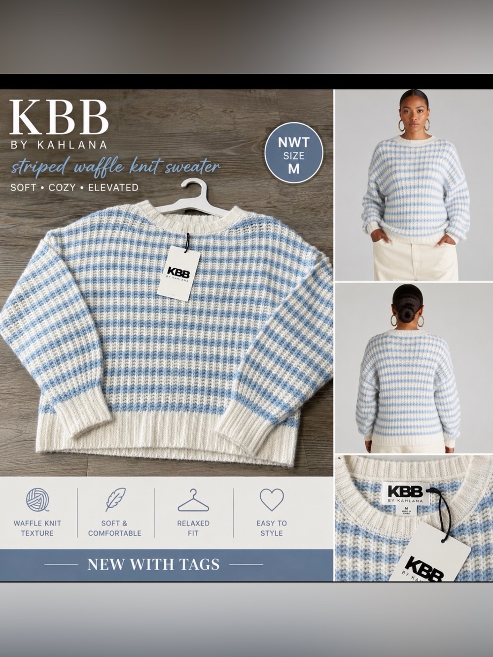 KBB by Kahlana Striped Waffle Knit Sweater Women’s Medium NWT
